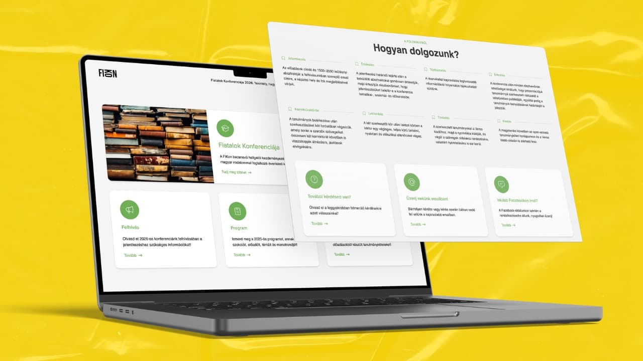 Egy nyitott laptop sárga háttéren, amelyen a FiKon weboldalának "Hogyan dolgozunk?" feliratú, letisztult, zöld elemeket tartalmazó szakasza látható.