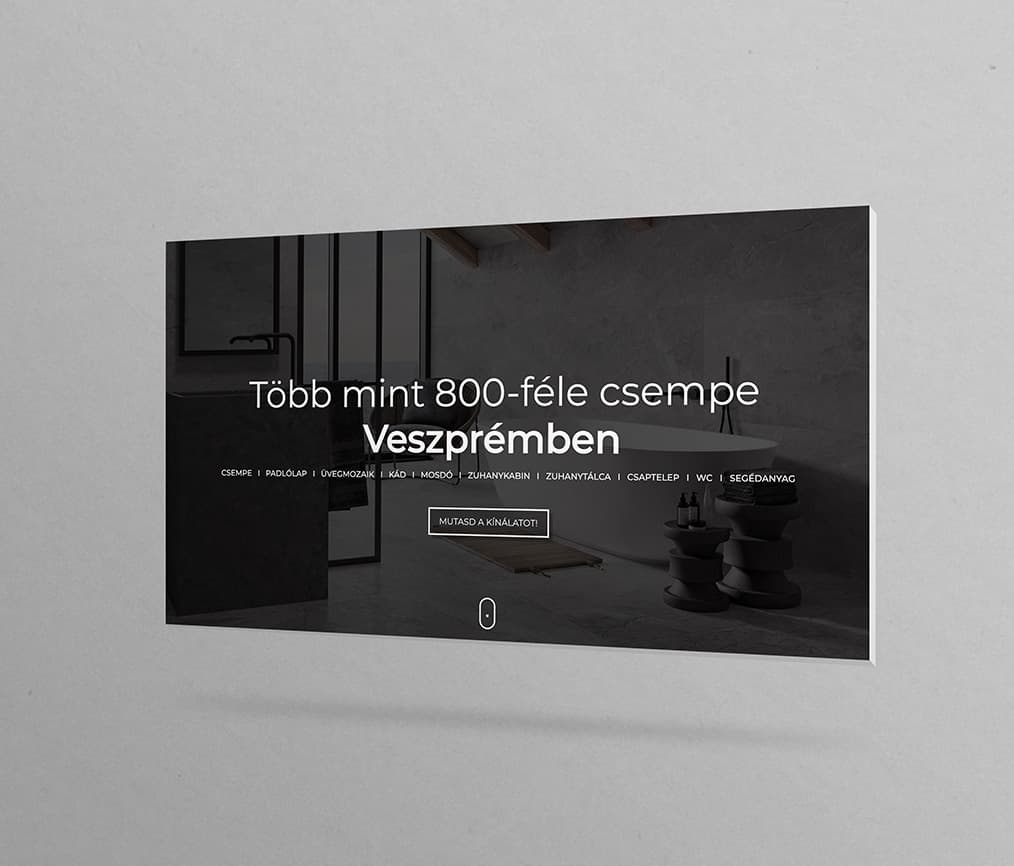 A Marketing Puzzle készítette weboldal a CsempePiramis számára, a főoldali hero szekció fürdőszobai enteriőrrel.