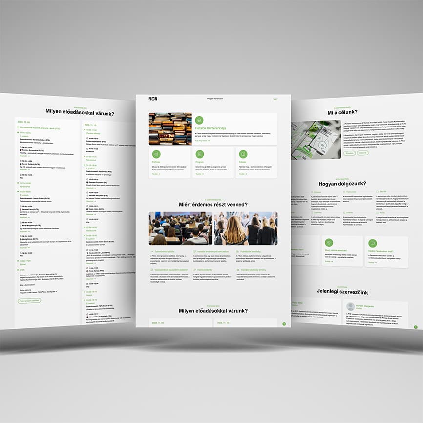 3D perspective website mockup showing three different pages of the FiKon website layout side by side on a grey background.