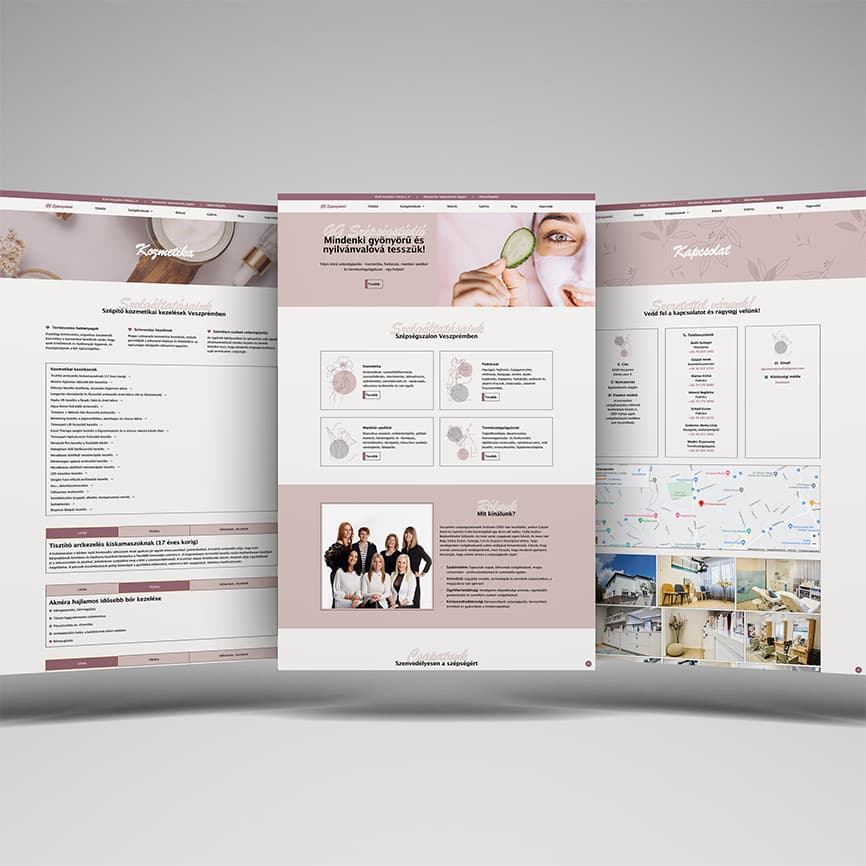 3D presentation mockup showing three pages of the GG Szépségstúdió website, including services, team photo, and contact map.