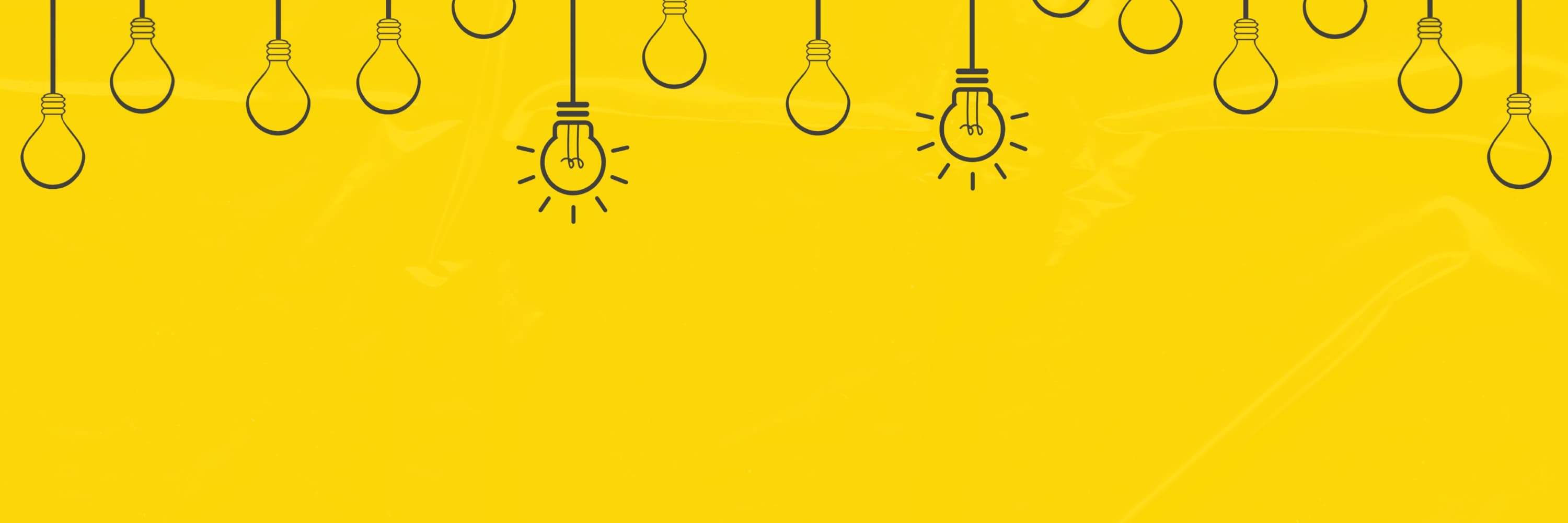 Minimalist black line-art light bulbs hanging from the top on a bright yellow textured background, with two bulbs glowing.