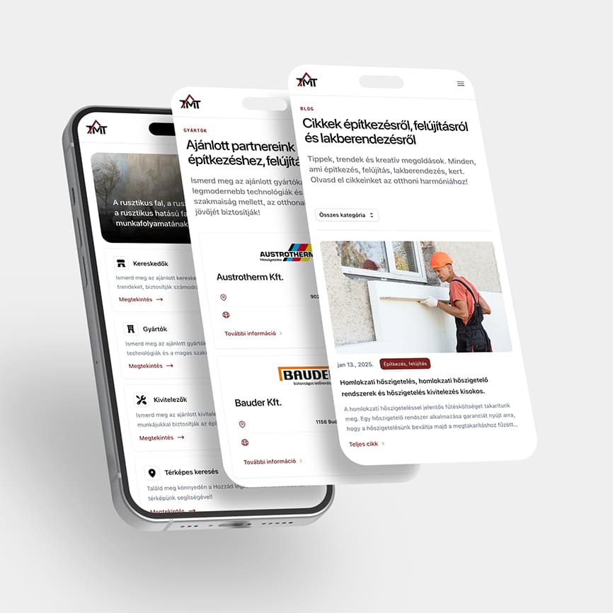 Three smartphones floating behind one another, showcasing different sections and articles of the mobile-friendly Több Mint Tüzép website.
