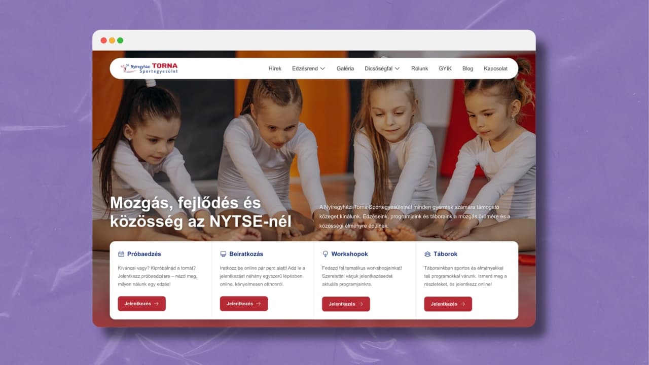 Homepage of the website developed for Nyíregyházi Torna Sportegyesület (NYTSE), displayed in a browser window against a purple background.