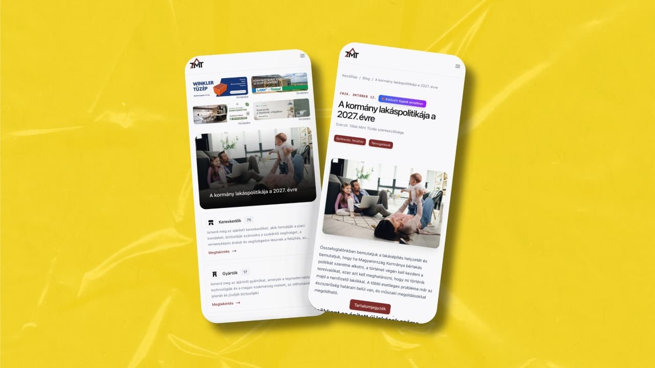 Mobile views of the website developed for Több Mint Tüzép (TMT), showcasing the homepage and a blog article against a yellow background.