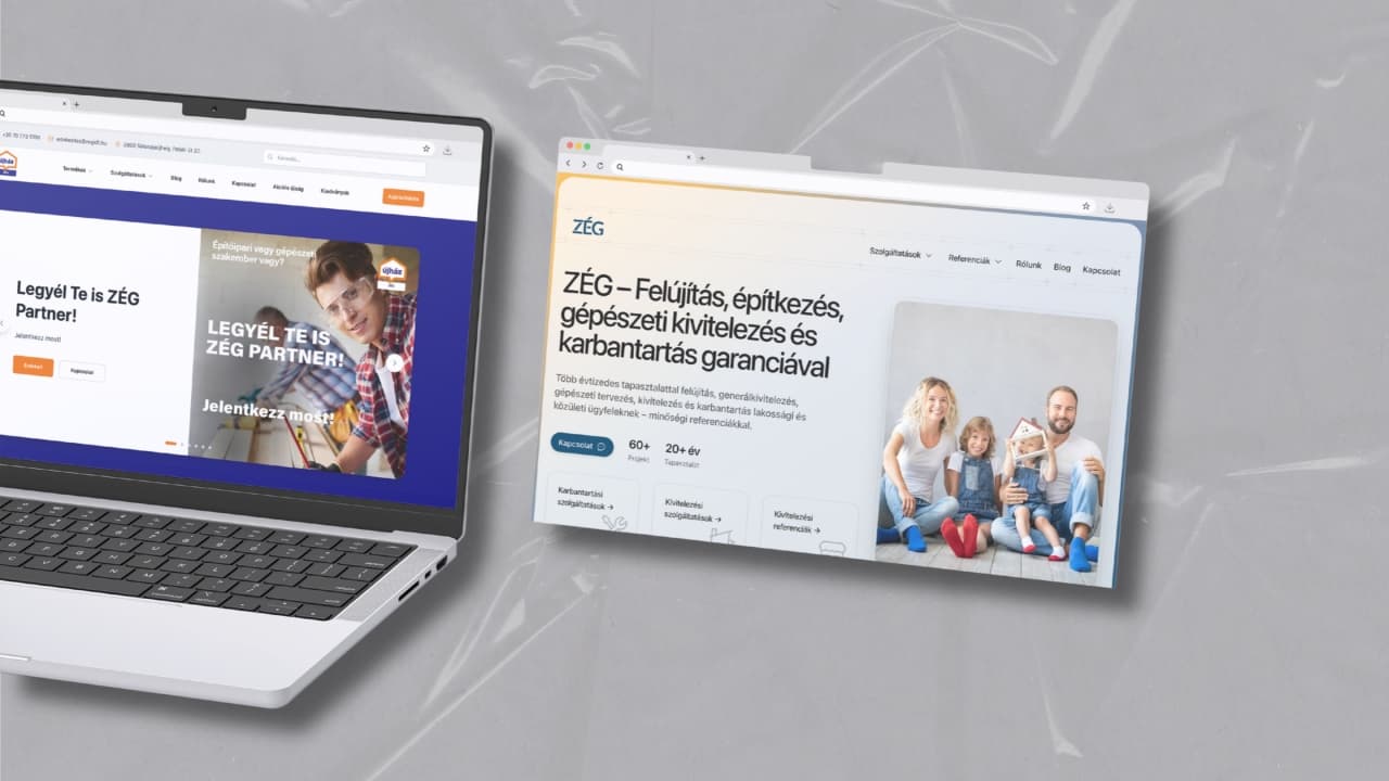 Homepages of two websites developed for Zempléni Építő és Gépészeti Kft. (ZÉG), displayed on a laptop and in a browser window against a gray background.