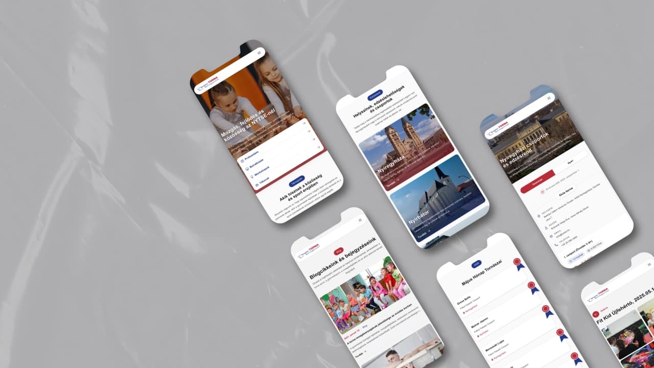 A Nyíregyházi Torna Sportegyesület reszponzív weboldalának különböző oldalai mobiltelefonos mockupokon, szürke háttér előtt.