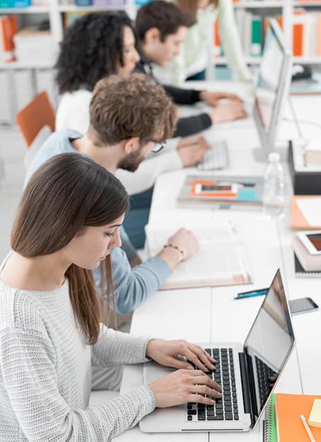 Young web development and multimedia design students during their internship in a modern office environment.